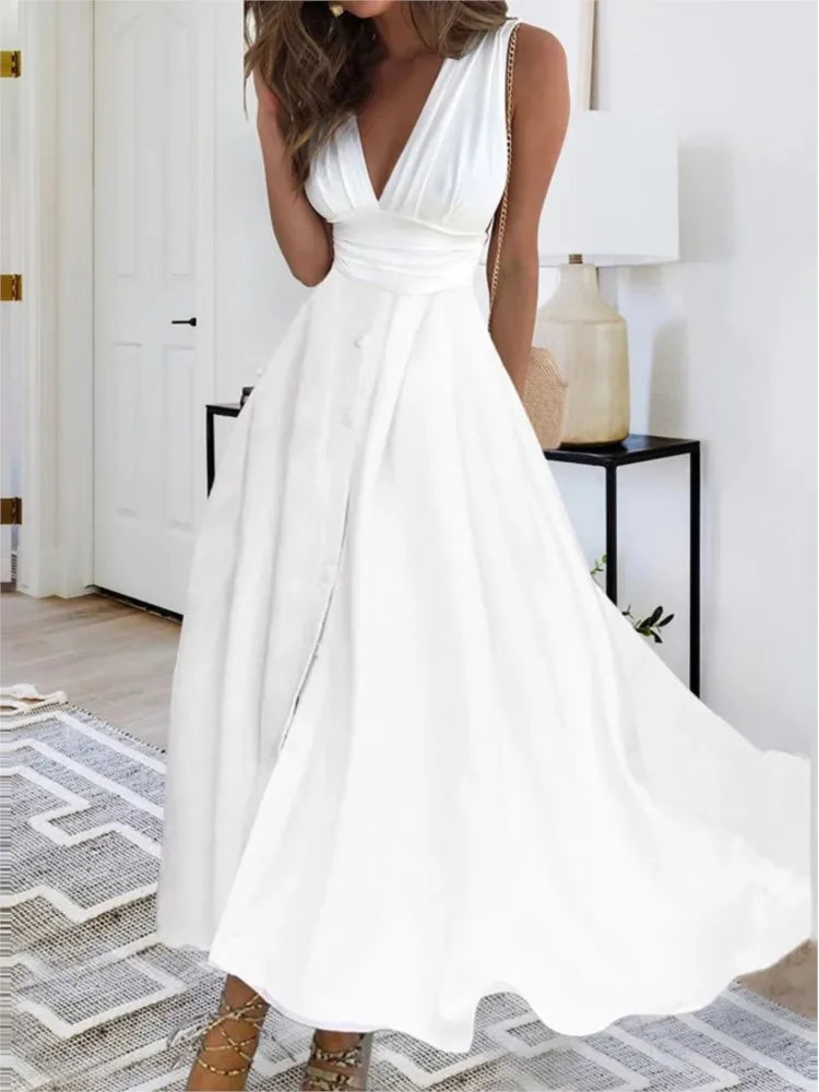 Frühling Sommer Elegante Party Langes Kleid Für Frauen Sexy Tiefem V-ausschnitt Ärmel Schlank Weiß Casual Boho Maxi Kleider 2024 Robe femme
