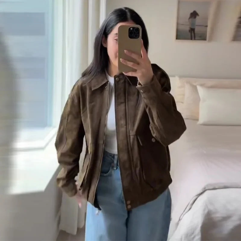 Retro-Jacke, modisch, Frühling und Herbst, lässig, lockere Tasche, langärmelig, trendig, cool, vielseitig, hochwertige Damen-Kurzjacke