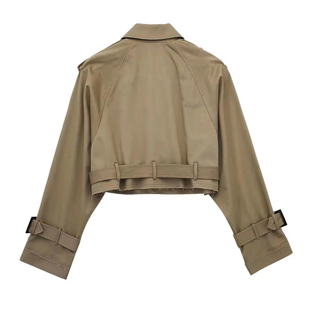 Frauen kurze Blazer Jacken Herbst elegante Vintage einfarbige Langarm Zweireiher Trenchcoat mit Gürtel