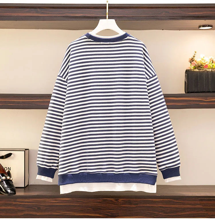 150Kg Plus Größe frauen Fehlschlag 157 Frühling Herbst Neue Lose Gefälschte Zwei-Stück Lange Ärmeln Gestreiften sweatshirt 5XL 6XL 7XL 8XL 9XL