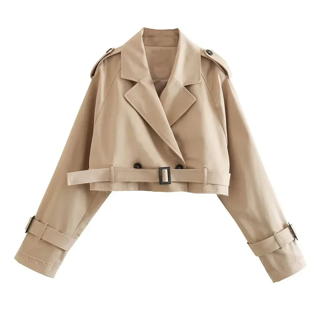 Frauen kurze Blazer Jacken Herbst elegante Vintage einfarbige Langarm Zweireiher Trenchcoat mit Gürtel