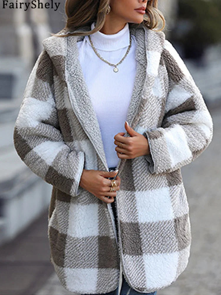 2025 herbst Winter Frauen Plüsch Mit Kapuze Jacke Weibliche Elegante Dicke Lose Plaid Print Mantel Damen Casual Zwei-seitige warme Lange Mantel