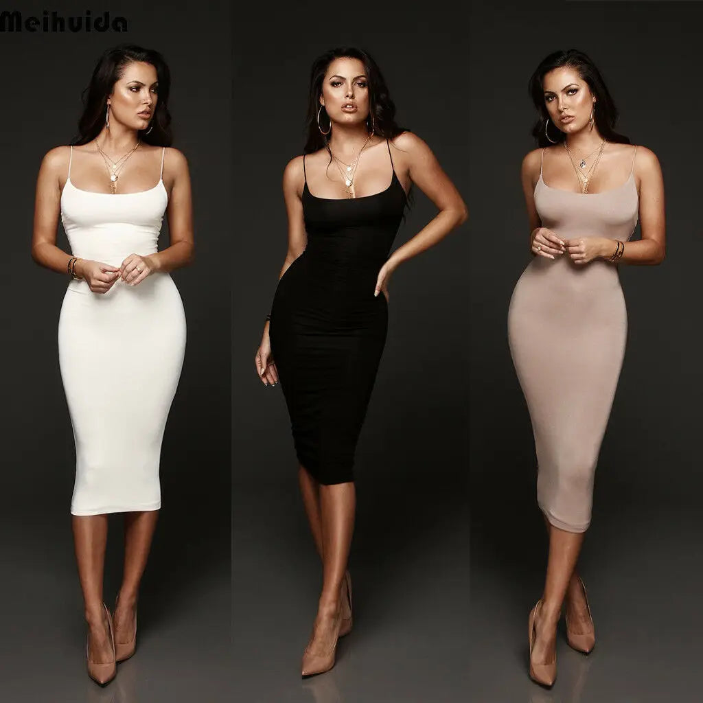 Sexy lässige Sommer Damen Bandage Bodycon träger los ärmel los tief o Hals Abend Party Club solide Midi-Kleid