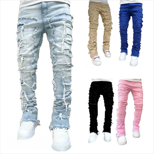 Neue Herrenmode-Jeans-Arbeitshose, europäische und amerikanische Mode-Arbeitskleidung, elastische Patchwork-Denim-Layered-Schlaghose S-XXL.