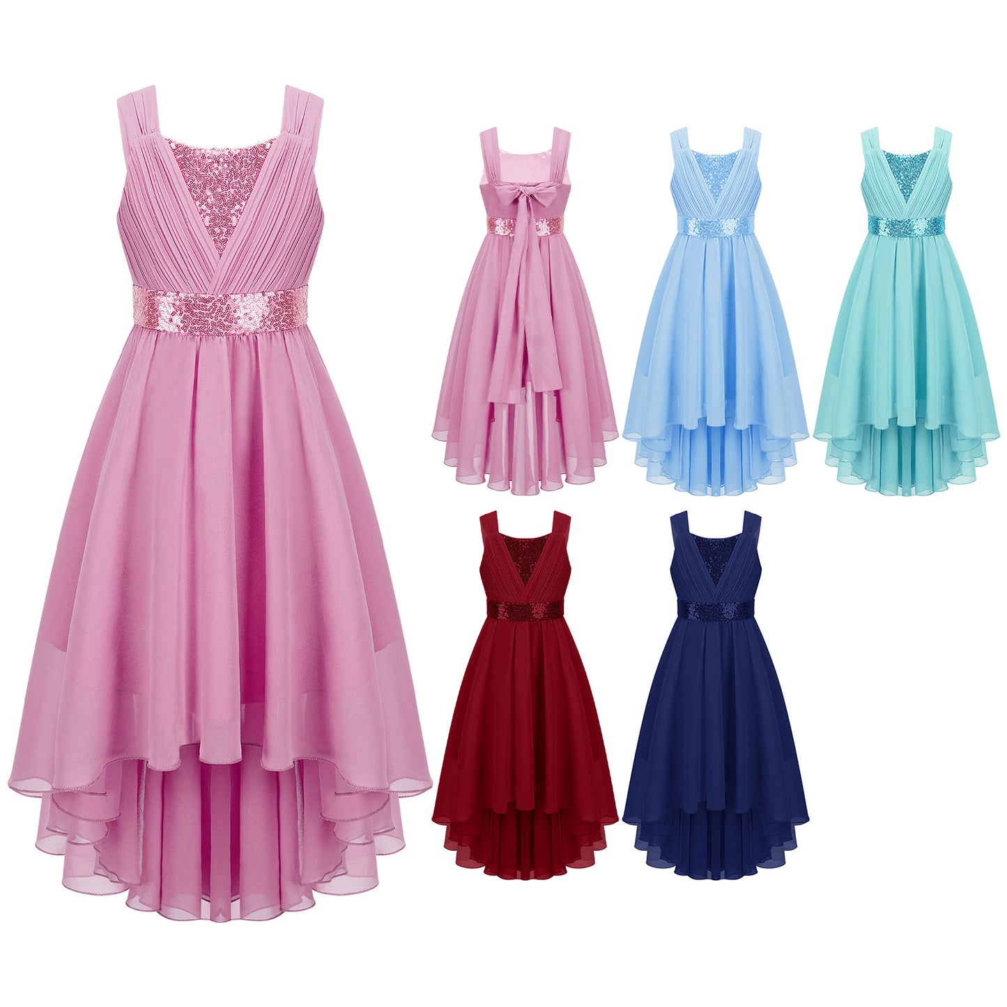 Kinder Blumenmädchenkleid Ärmellos Pailletten Hi-Low-Saum Abendkleid Elegantes Chiffon Prinzessin Geburtstag Formales Hochzeitskleid