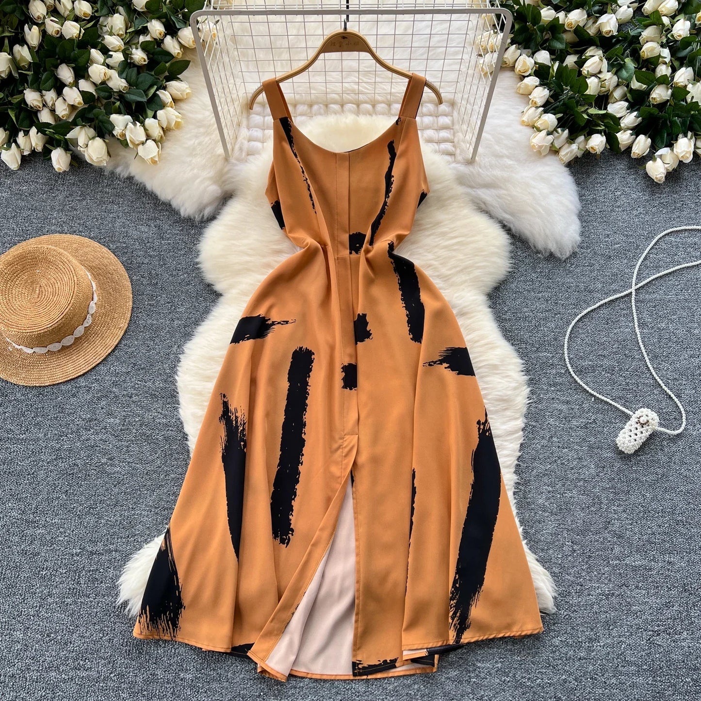 Neue Sommer Druck Süße Kleid Träger O Neck Backless Split Elegante Damen Urlaub Strand Party Midi Sommerkleid