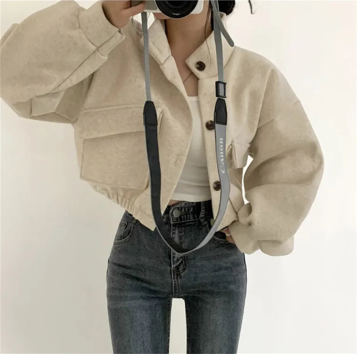 Korean Fashion Herbst Winter Mantel Frauen Neue In Stehen Neck Feste Taste Lose Jacke Dame Casual Straße Outwear Vintage Kleidung