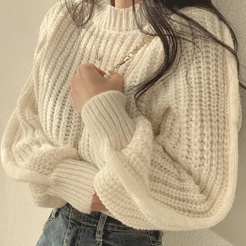 Lose Vintage Harajuku Laterne Langarm Frauen Pullover Koreanische Herbst Winter Strickwaren Weiche Warme Tops Chic Solide Femme Pullover