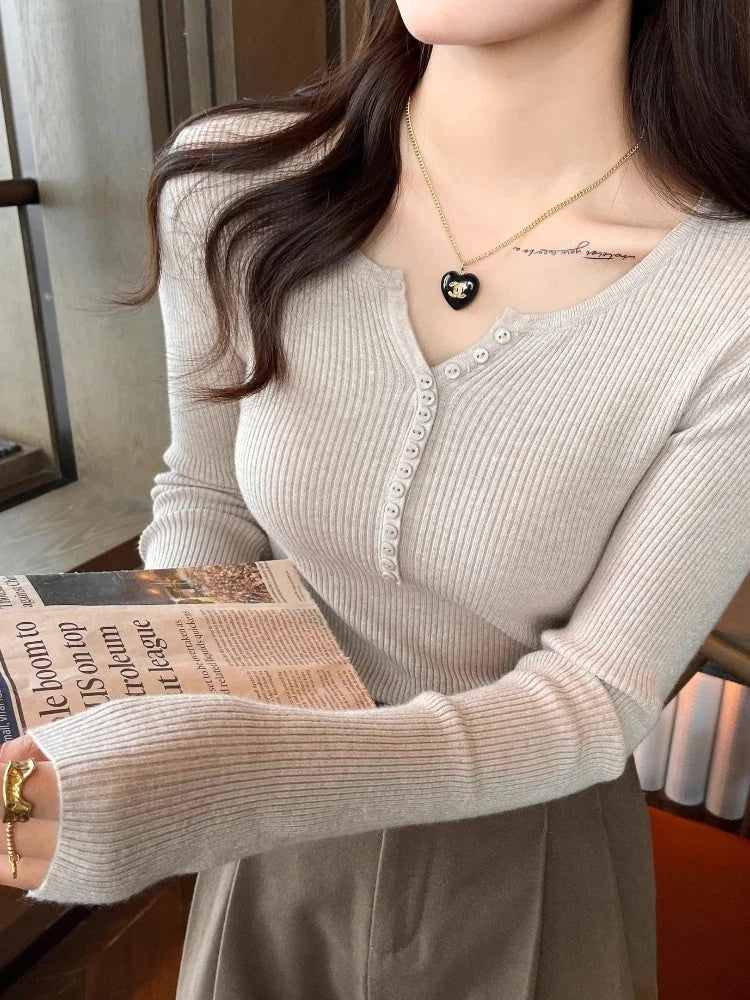 2025 frauen Solide Strick Pullover Herbst Winter Pullover V-ausschnitt Taste Langarm Schlank Pullover Koreanische Casual Basis Schicht Y2k
