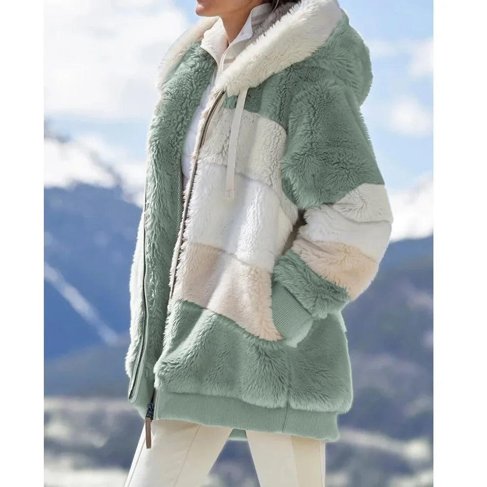 Wintermode Damenmantel 2025, mit Kapuze und Reißverschluss, Damenjacke, gespleißt, dicker Kaschmir, Damenjacke, Nähte, karierte Damenmäntel