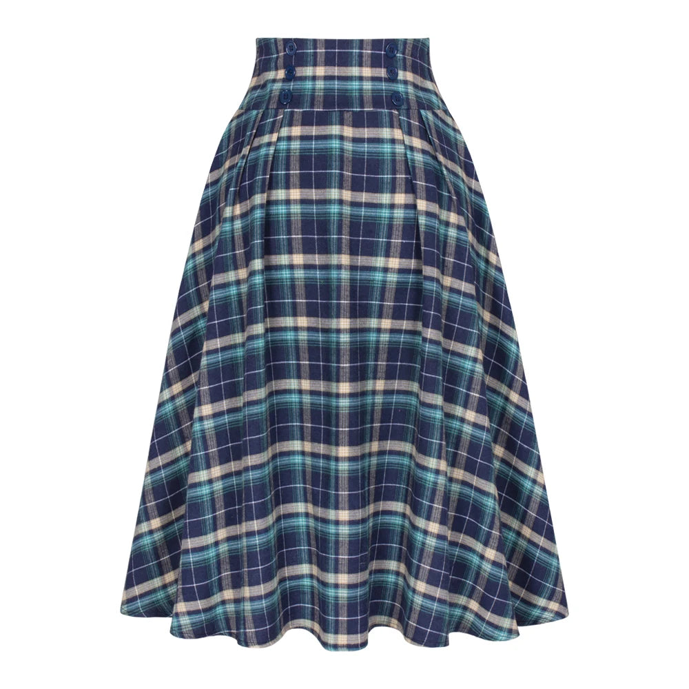 SISHION 2025 Autumn New A Line Swing Buttons Long Midi Vintage Skirt SS0037 Red Green High Waist Plaid Skirts for Women Jupe