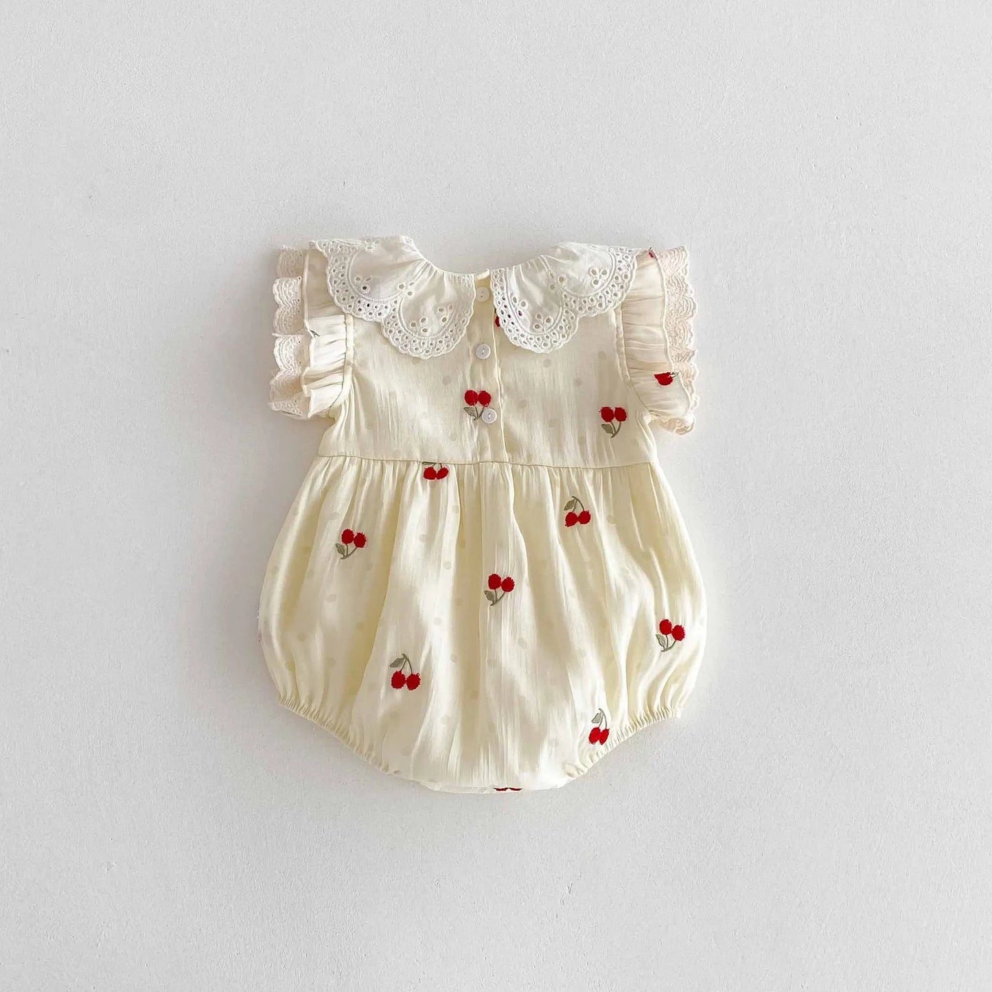 0-2 Jahre Babykleidung, Spitzenkragen-Body, Kirschstickerei, Baby-Body und einteilige Kleinkind-Geburtstagskleidung