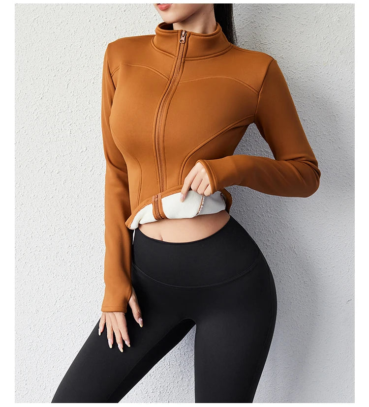 Damen Winter-Fleece-Yoga-Jacke mit durchgehendem Reißverschluss, langen Ärmeln, Workout, Activewear, Sport-Fleece-Yoga-Jacke mit Daumenloch