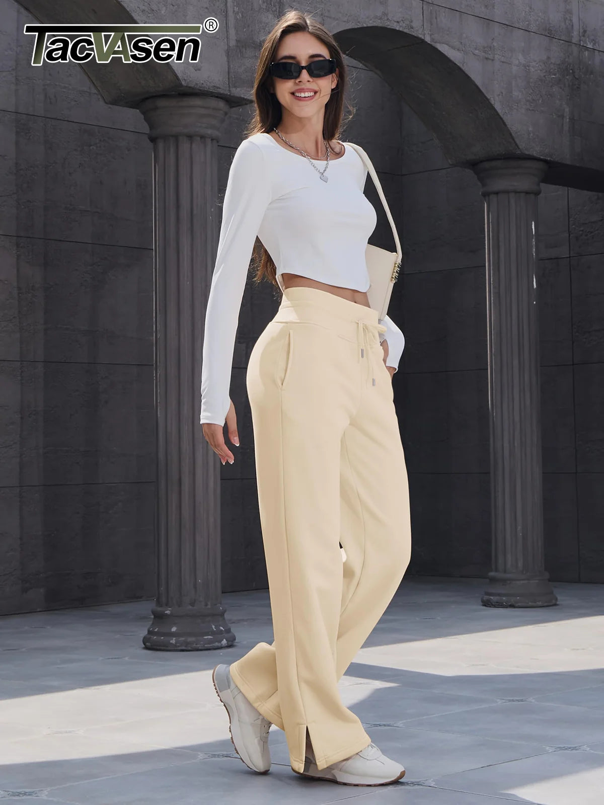 TACVASEN Fleece Hose mit weitem Bein Damenmode hoch taillierte Jogging hose Lounge hose weiche warme Winter Baggy Hose Streetwear
