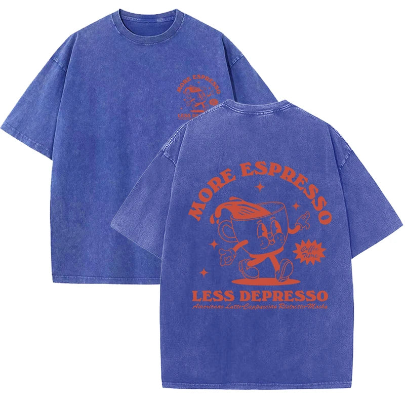 More Espresso Less Depresso Letter Cup Drink Print Washed Womens Tee Shirt Cotton T-Shirts New Breathable Clothes All-Match Top