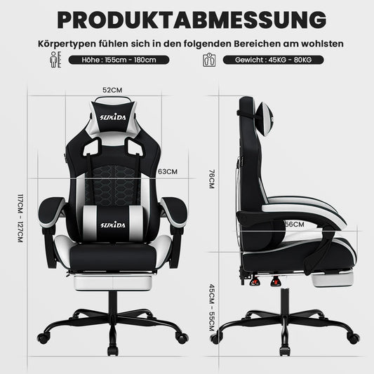 SUKIDA Ergonomischer Racing-Gaming-Stuhl, verstellbar, drehbar, mit Kopfstütze und Lordosenstütze für Büro und Gaming
