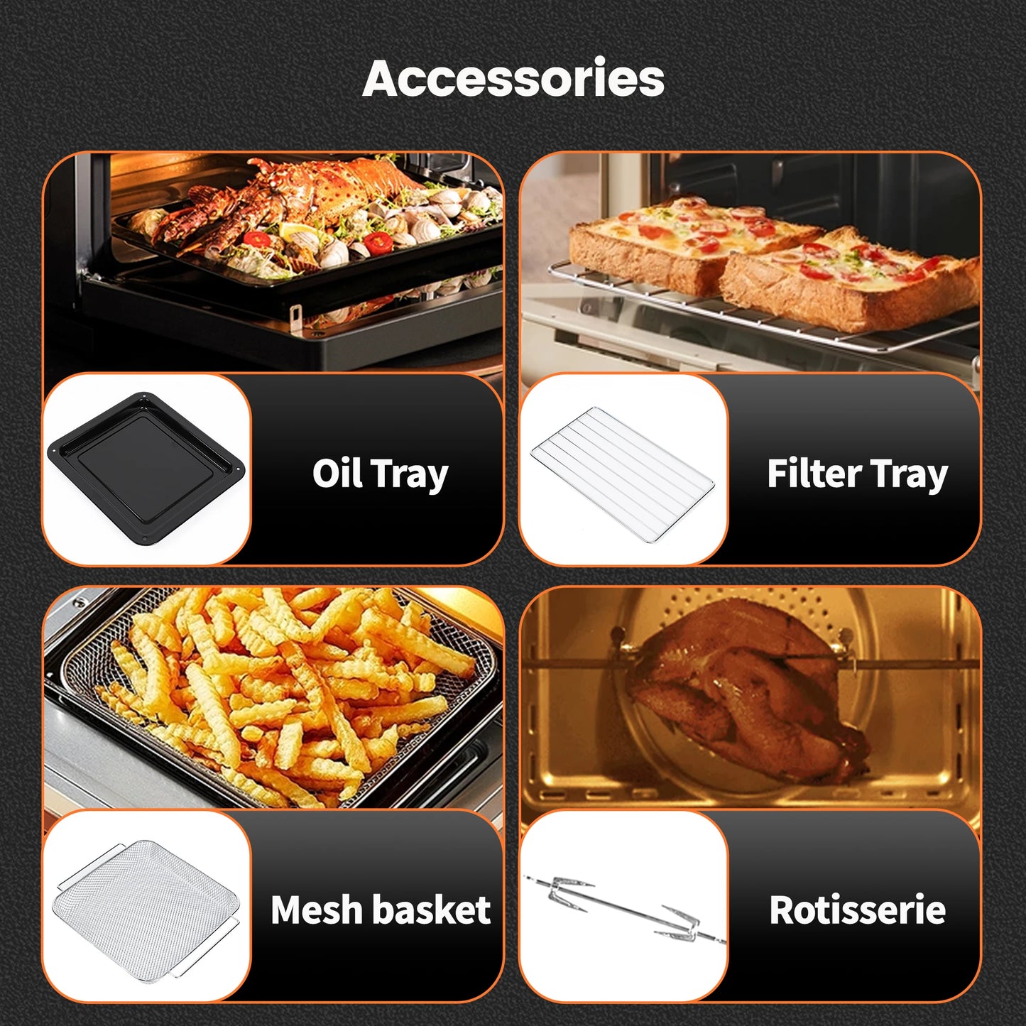 Hot Air Fryer 14L XXL Airfryer Mini Oven 1800W with 11 Programmes LED Screen, 5 Accessories Including Rotisserie and Recipe Book.