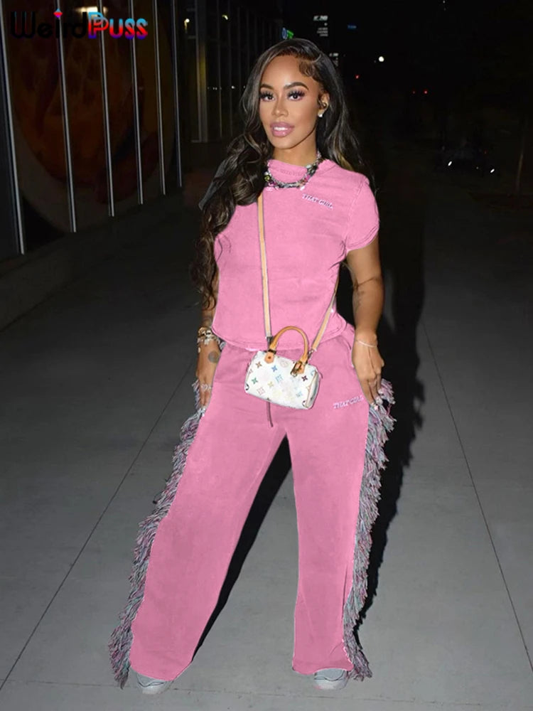 Weird Puss Casual Sporty 2 Piece Set Women Letter Embroidery Crop Tops+Side Tassel Straight Pants Matching Streetwear Tracksuits