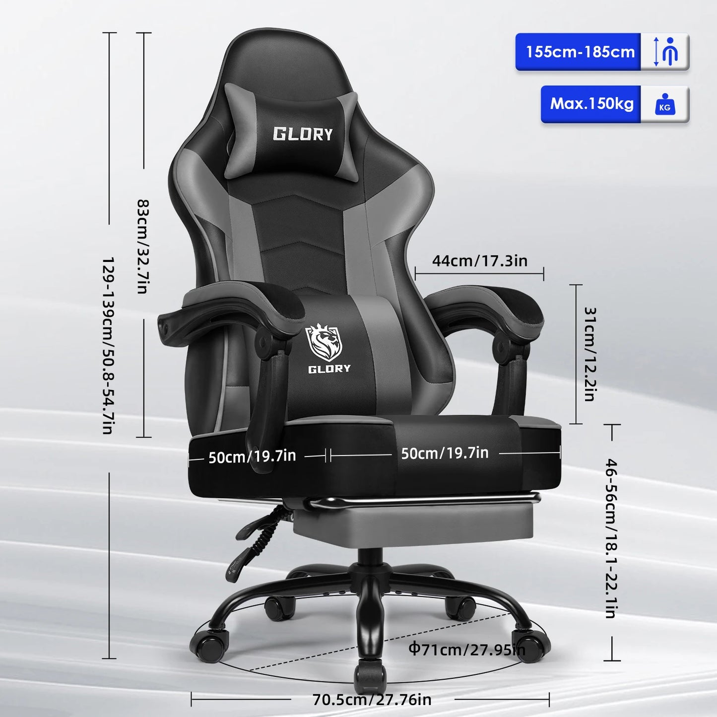 Daccormax 170 ° Liegender Gaming-Stuhl mit ausziehbarer Fußstütze, ergonomischer Bürostuhl mit Lordosenstütze und Kopfstützenkissen