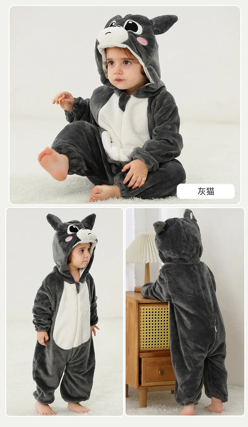 Graue Katze Stram pler Baby Junge Mädchen Pyjama Neugeborene Bebe Kleidung niedlichen Body suits Flanell warme einteilige Winter Halloween Tier Outfit
