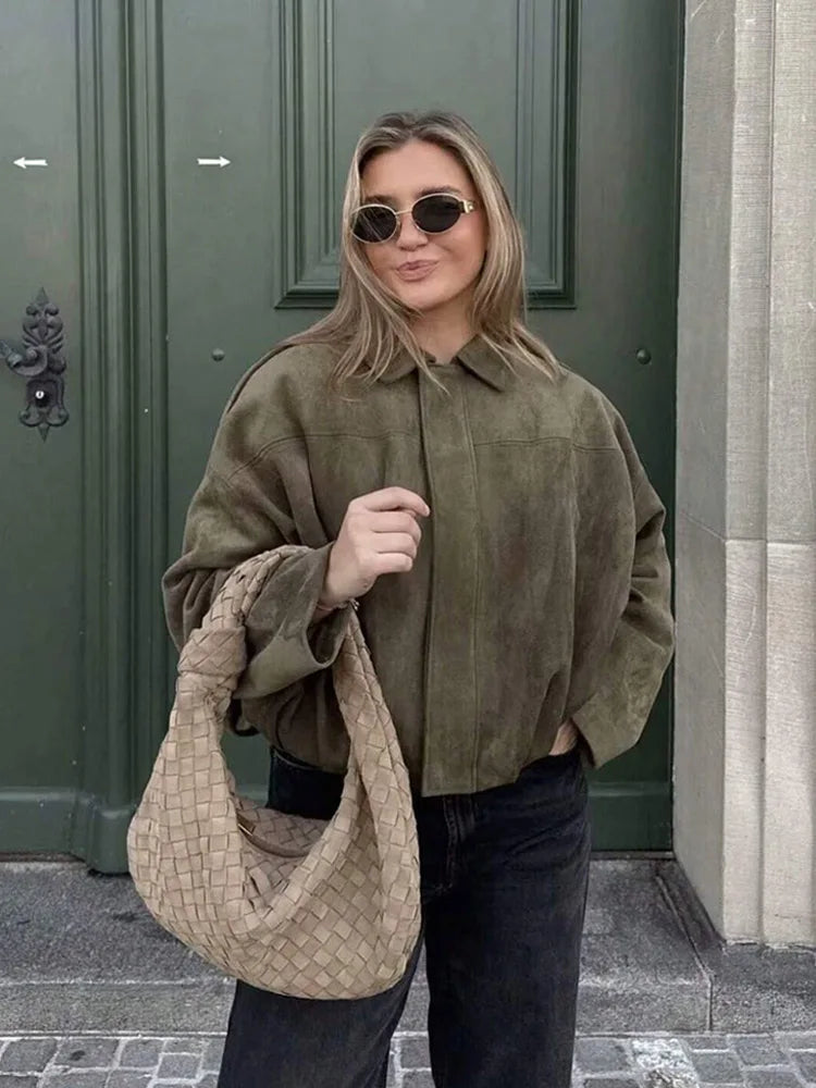 TRAFZA Damen-Jacke mit Wildleder-Textur, High Street, lange Ärmel, Umlegekragen, elastischer Reißverschluss, Knopfleiste, solider, trendiger Frühlingsmantel