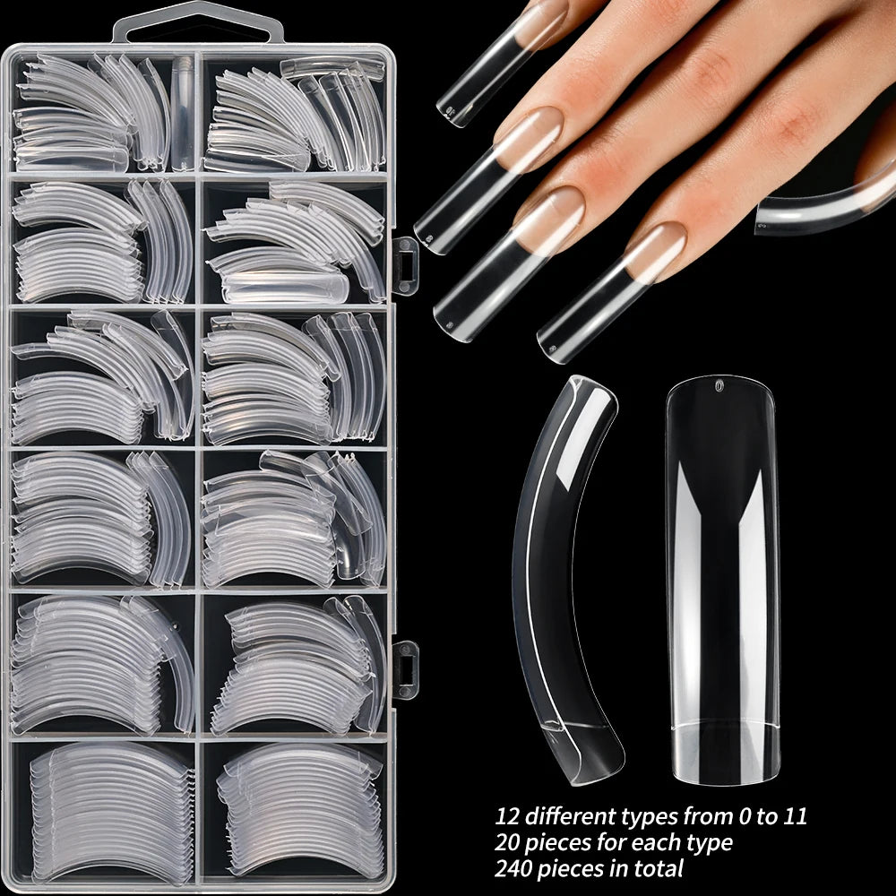 240Pcs/Box Extra Long Bend False Nails 12-Sizes Full Cover Press On Nail Clear/White/Black Building Extension Fake Fingertips *&