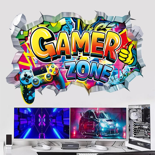 Larger Game Poster 3D Wall Hole Art Cool Gamer Zone Gamepad Vinyl Mural Stickers Home Decoration for Kids Bedroom Gaming Rooms.