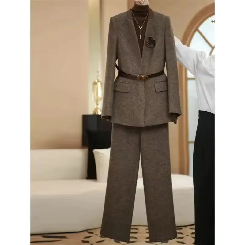 Mode Kaffee Woolen Anzug Jacke 2025, Herbst Winter Neue Damen Temperament V-ausschnitt Langarm Blazer Weibliche