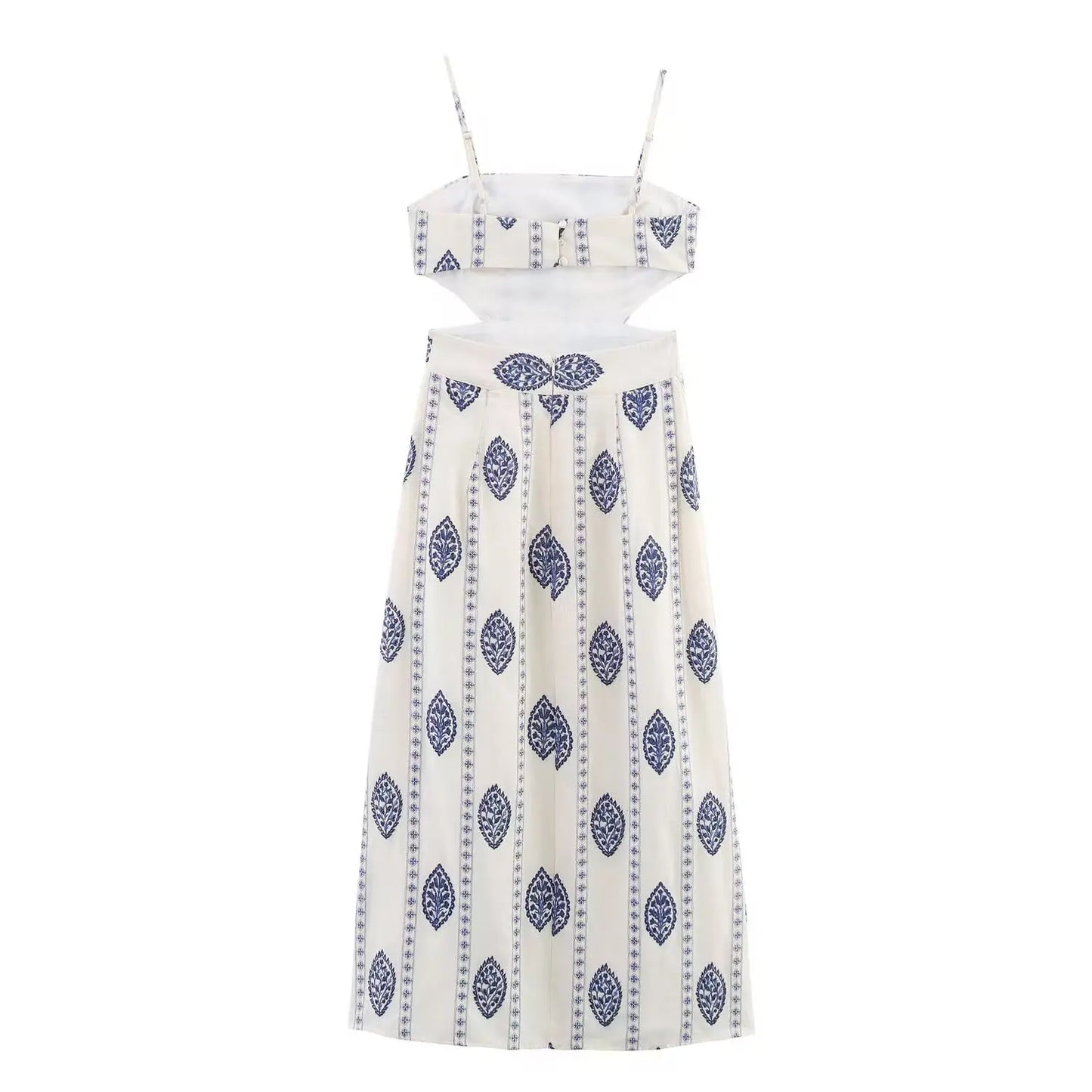 ZBZA Frauen Sexy Gedruckt Rohr Schlinge Lange Kleider Retro Taille Hohl Ärmelloses Abend Dünnes Kleid Weibliche Sommer Chic Street Party