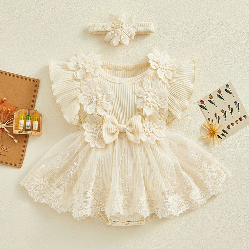Visgogo Neugeborenen Baby Stram pler Kleid 2 Stück Outfits Mesh Spitze Patchwork Rüschen Bodysuit und Stirnband süße Sommerkleid ung