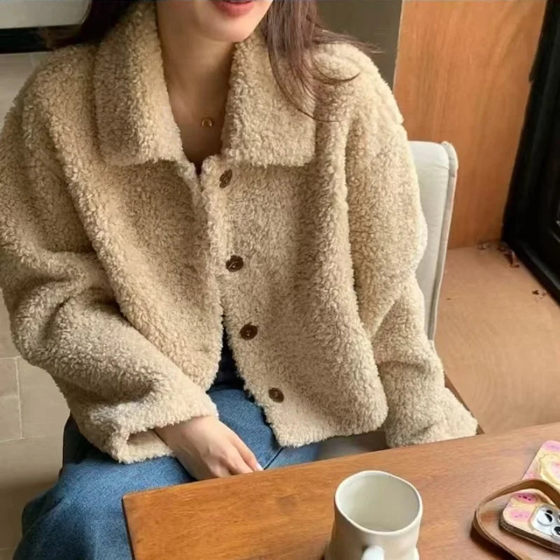 Frauen Herbst Winter Doppel Fleece Warme Verdicken Jacke drehen-unten Einreiher Kurze Oberbekleidung Lose Mode Lässig Mantel