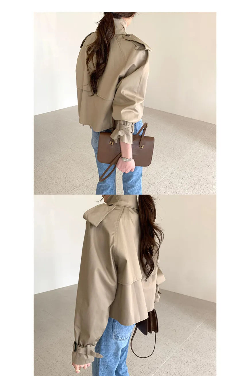 Vintage Zweireiher Graben Jacken Frauen Lose Chic Büro Dame Crop Tops Herbst Weibliche Mäntel Alle-spiel Lose Windjacke