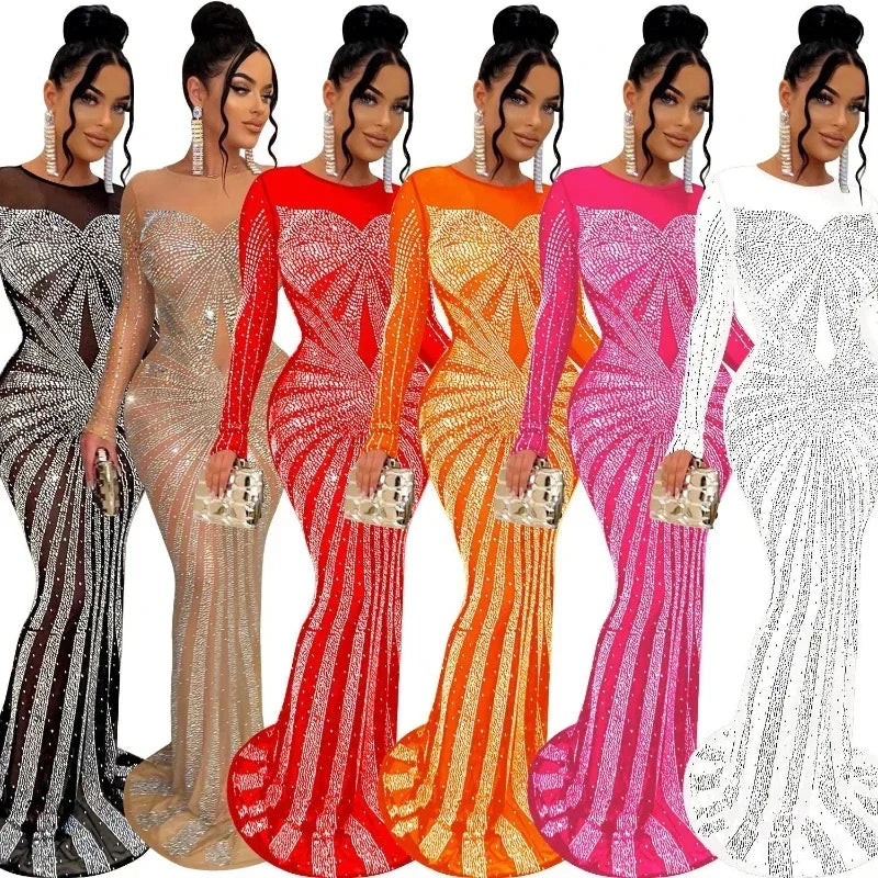 XIZOU Frauen Mesh Patchwork Diamanten Heißer Strass Bodenlangen Bodycon Meerjungfrau Maxi Kleid Sexy Party Abend Vestidos 2024