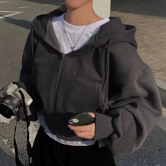 2024 Spring Autumn New Insfleece-lined Versatile Cropped Slims Smooths Silhouette Zip-up Warm Navy Blue Hooded Sweatshirt Women.