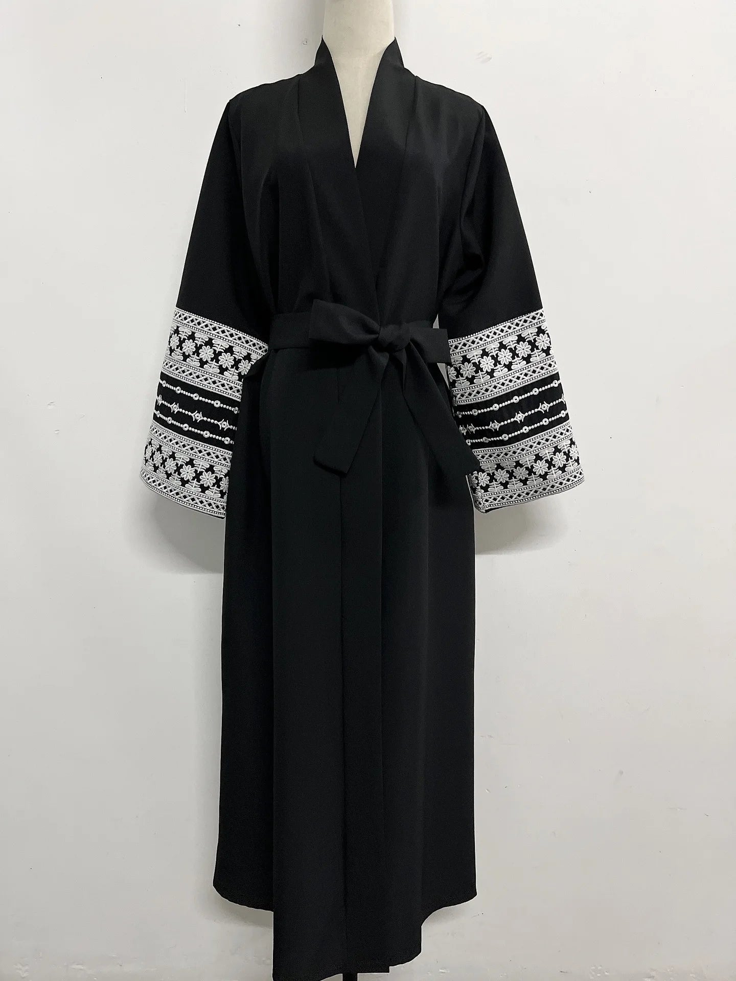 Ramadan Eid Black Open Kimono Abaya with Sashes Damen Dubai Islam Muslim Dress Kaftan Prayer Clothes Women Kebaya Robe Femme