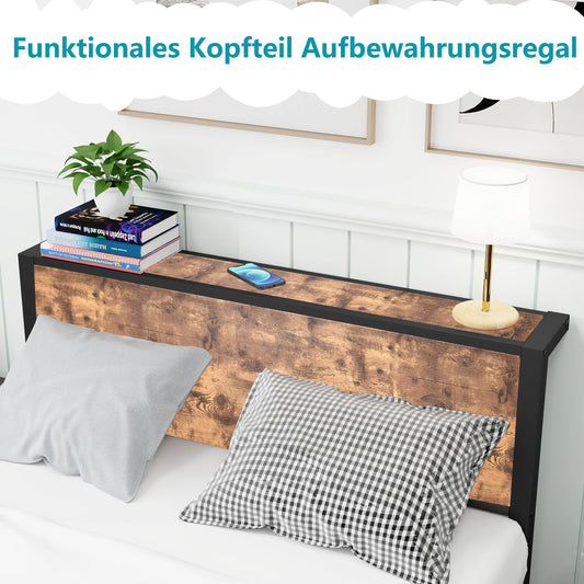 120x200 cm Metallrahmen mit Stauraumkopf, Einzelbettrahmen mit Metallplattform, geräuschfrei, kein Boxspring erforderlich, Vintage-Braun
