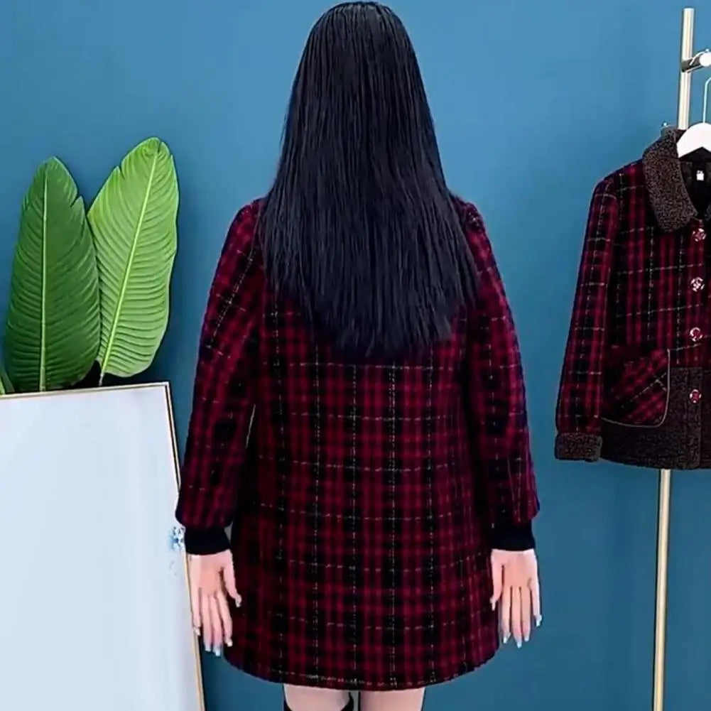 Frauen Plaid Mantel Karierten Winter Mutter Jacke Taschen drehen-unten Kragen einreiher Mid Länge Mantel Mid-aged frauen Mantel