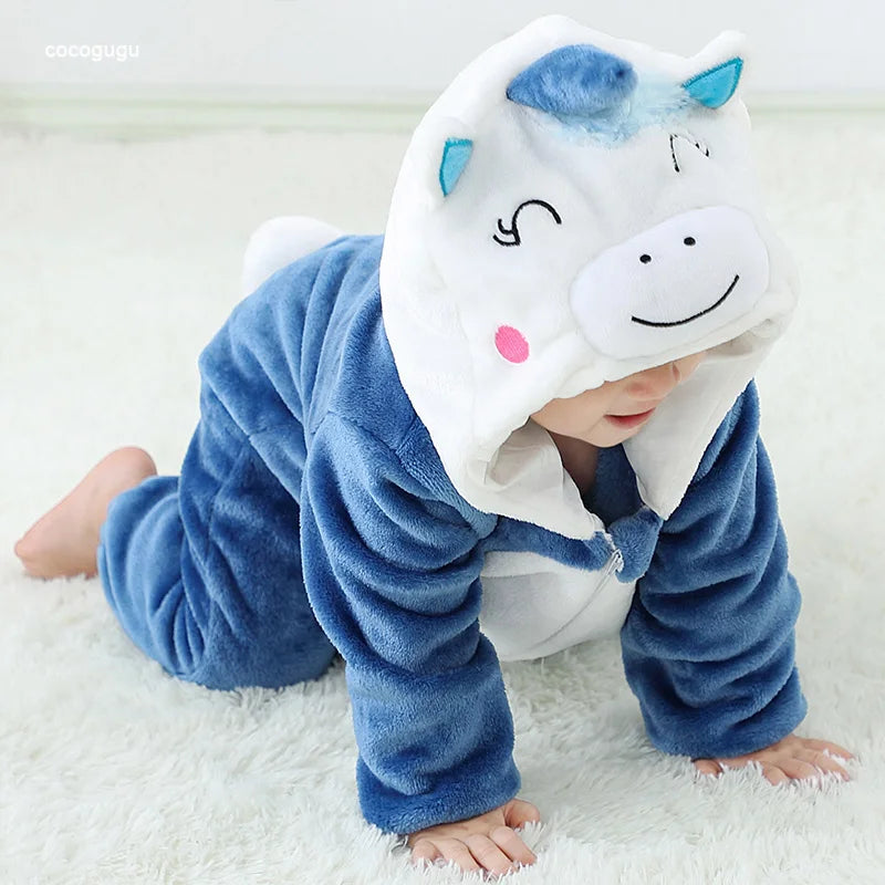 Blau rosa Einhorn Stram pler Baby Boy Mädchen Pyjama bebe Kleidung niedlichen Bodys Flanell warme einteilige Winter Halloween Tier Outfit