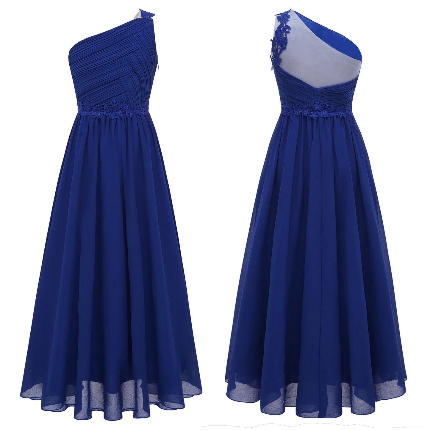 Mädchen Hochzeit Brautjungfer Kleid One Shoulder Elegante Guipure-Spitze Geraffte Chiffon Maxi Party Kleider Geburtstag Abend Abendkleid