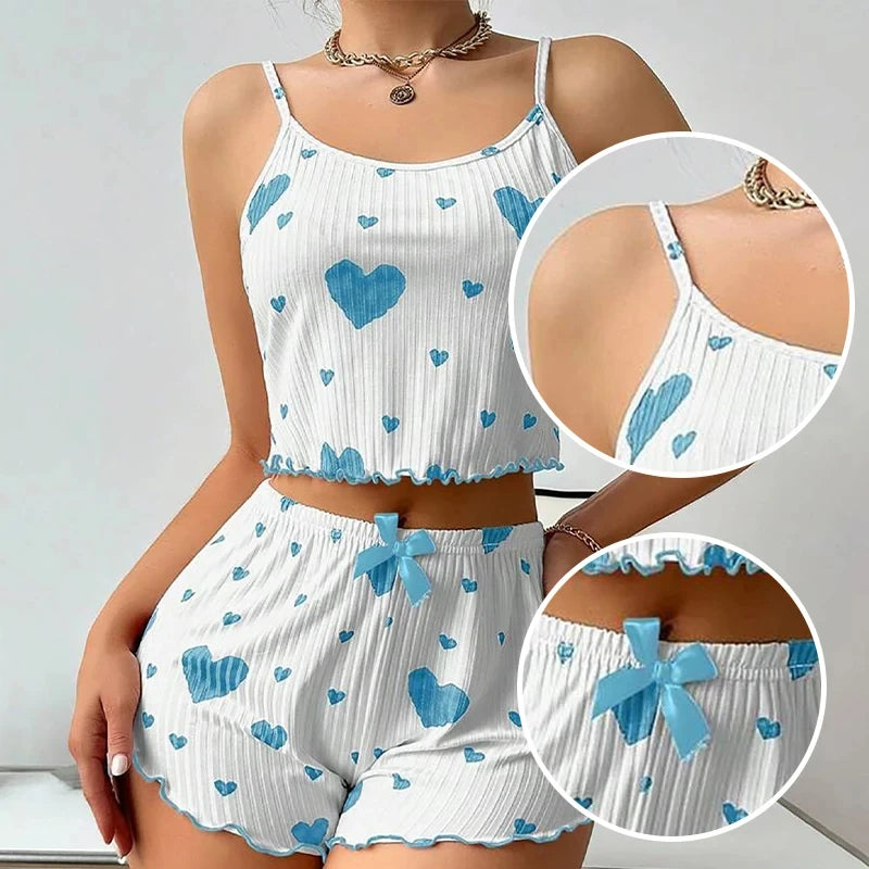 Sexy Herz Druck Pyjama Set Frauen Nachtwäsche Trendy Mode Lounge Tragen Nachtwäsche Zwei Stück Set Homewear Pyjamas