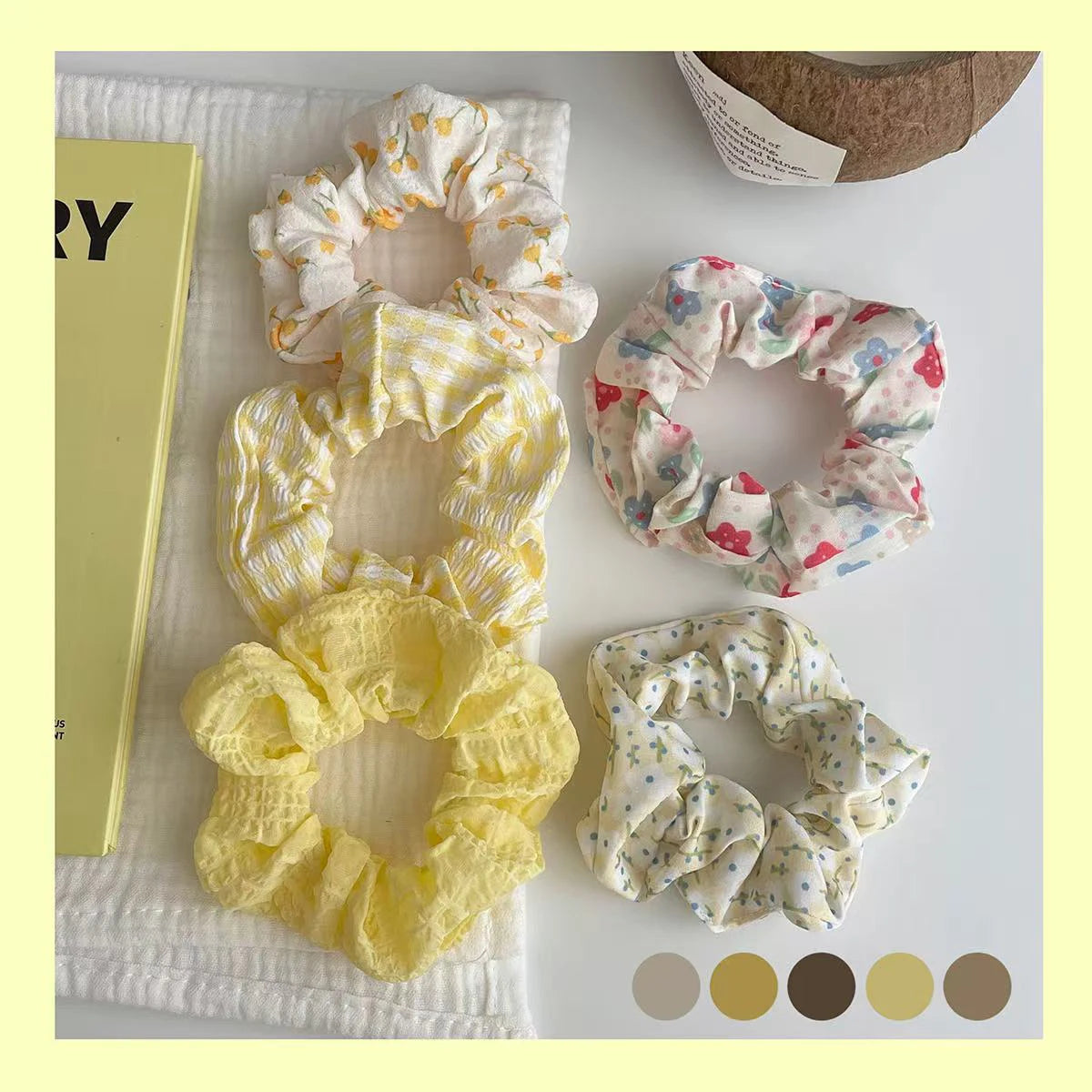 6pcs/set women's sweet pink peach blossom check large intestine hair ring,fashionable and versatile hair accessory.