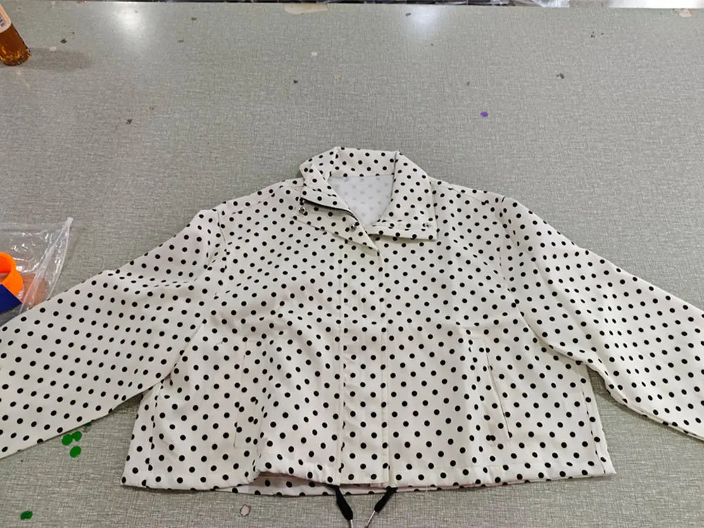 TRAFZA Herbst Polka Dot Gedruckt Jacke Für Frauen Lange Ärmel Rollkragen Zipper Mit Taschen Kordelzug Lose Vintage Mäntel