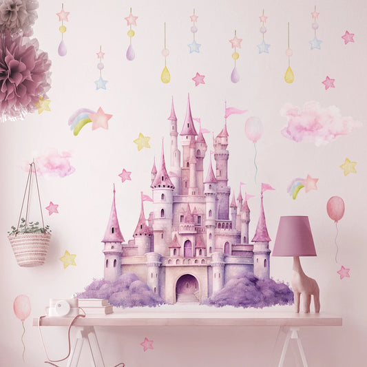 2sheet/set Pink Castle Wall Decals, Clouds Stars Wall Stickers, Balloon Wall Decor for Kids Girls Bedroom Nursery Home.