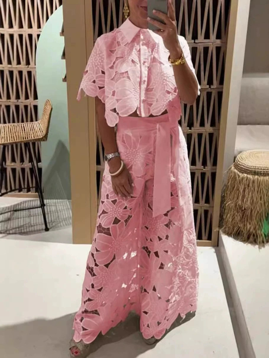 Women Set Short Sleeved Blouse Tops + Tie-up Pants Two Peics set Lace Outfit Embroidery 2025 New Retro Hollow Temperament Suit.