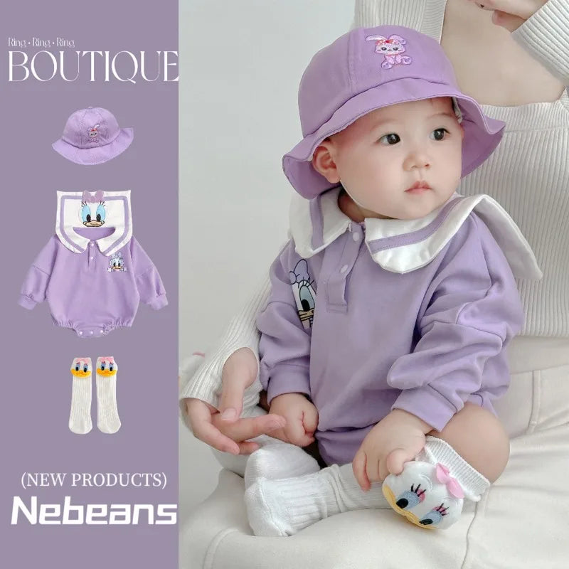 Neugeborenen Baby Strampler Socke Hut 3 stücke Set Cartoon Donald Daisy Ente Kleidung Jungen Mädchen Overall Infant Kurzarm Body k732