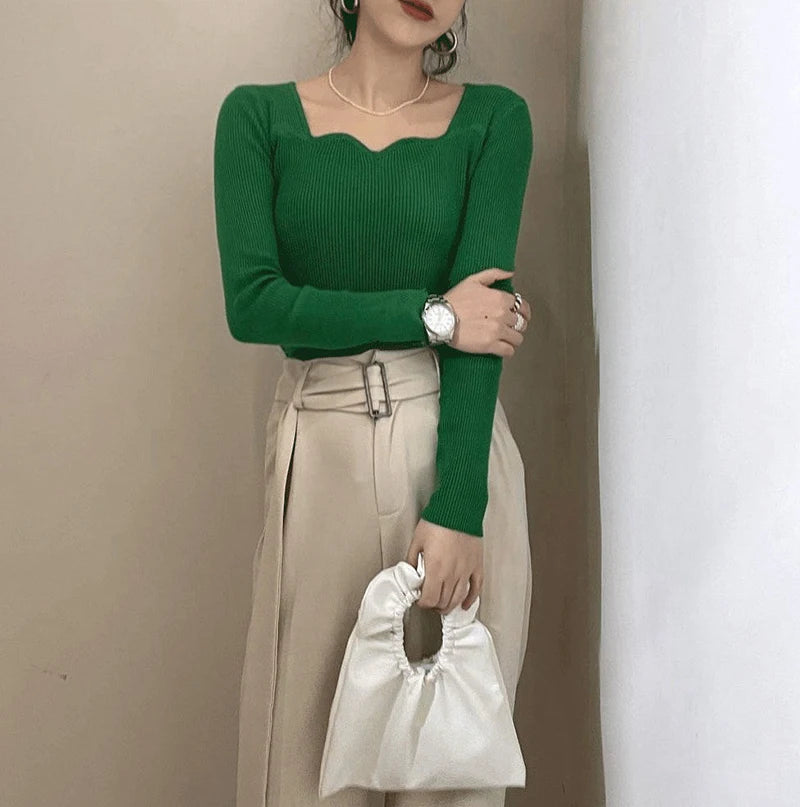 Gestrickte Pullover Frauen Vintage Solide Pullover Herbst Winter Koreanische Elegante Dünne Strickwaren Quadrat Kragen Alle Spiel Jumper Neue