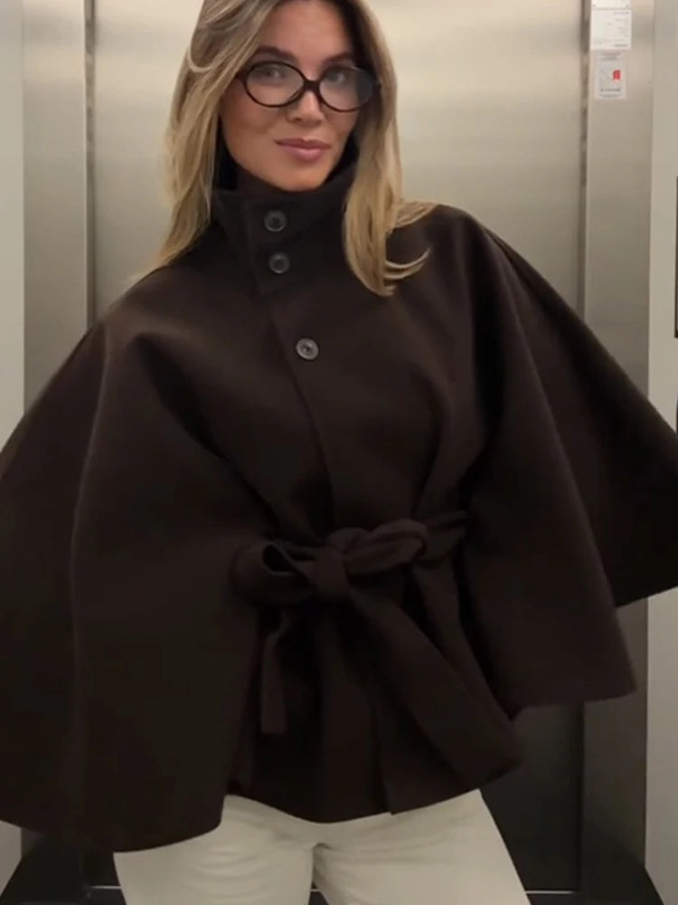 Damenmantel, kurze Cape-Mäntel für Damen, Gürtel, Mäntel aus Kunstwolle und Mischungen, Herbst-Winter, feste Mäntel, elegante Umhangjacke für Damen