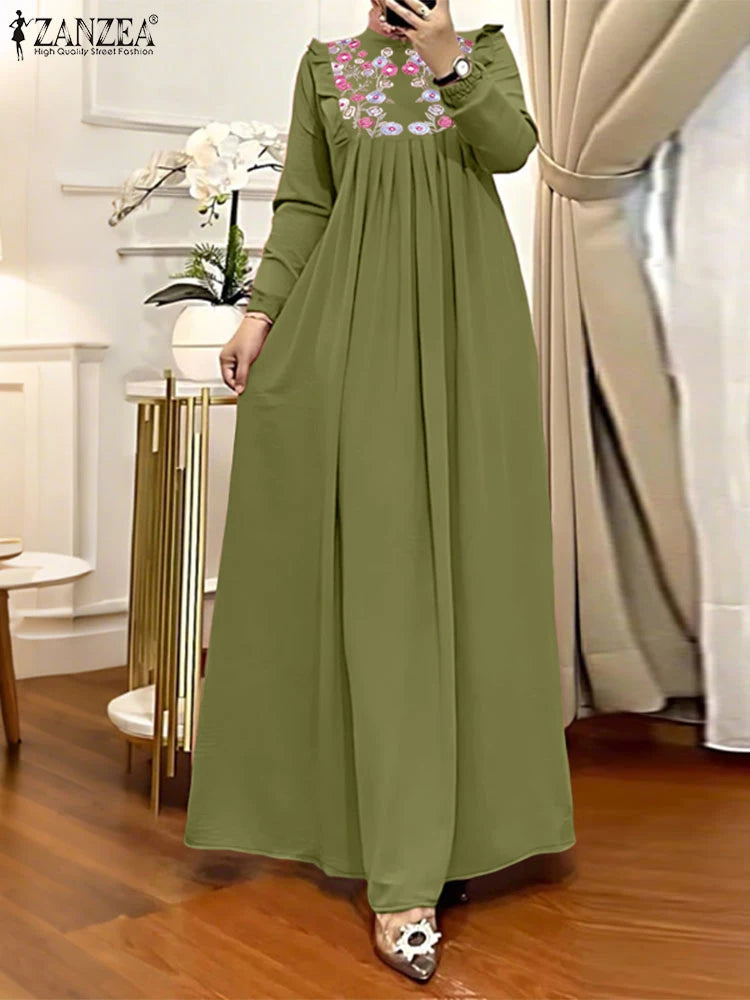2025 Autumn Muslim Dresses Abaya ZANZEA Women Elegant Long Sleeeve Floral Dress Dubai Robe IsIamic Clothing Maxi Long Sundress
