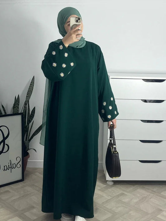 Eid Muslim Dubai Dresses for Women abaya Jalabiya Floral Embroidery Ramadan Morocco Dubai Robe Abayas Kaftan Islam Vestidos 2024.