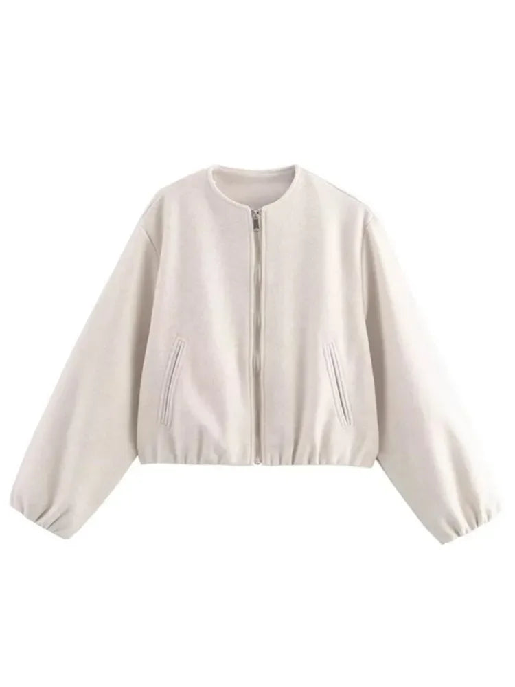 Damen Mode Herbst Winter Jacke Frauen Retro Rundhals Langarm Elastische Saum Zipper Weiche Bomber Jacke Frauen Mantel Weibliche